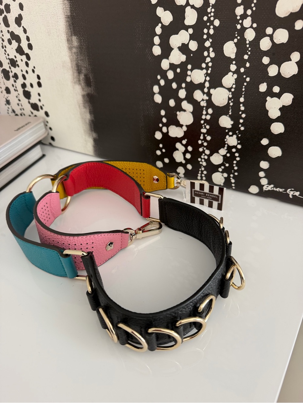 henri bendel Black & Teal Pink Yellow Colorblock Leather Strap Belt